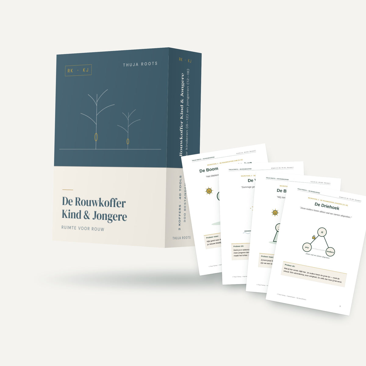 De Rouwkoffer Kind & Jongere van Thuja Roots met een waaier van werkbladen